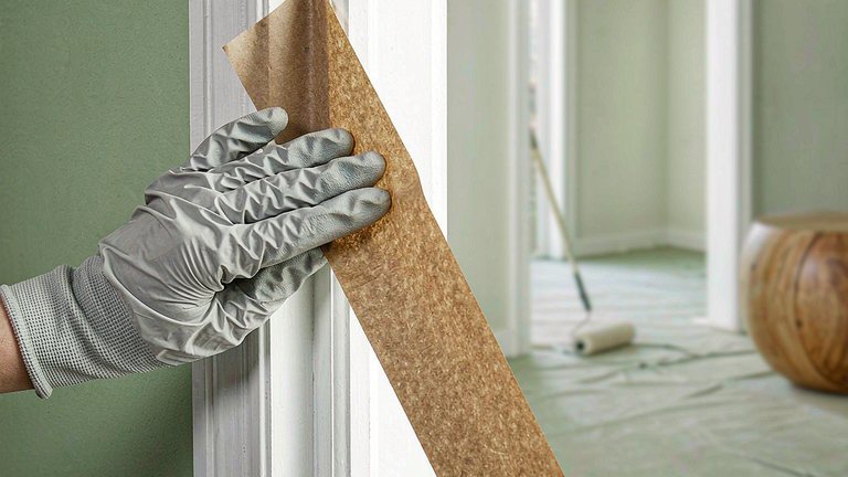 Masking paper and tape smoothed along a window frame before painting